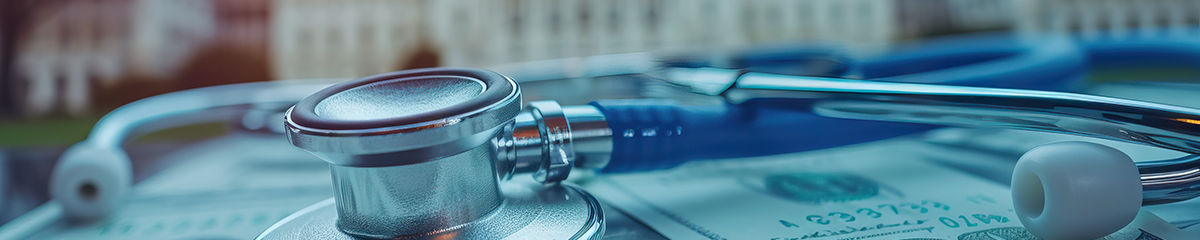 Stethoscope and money in front of a legislative building